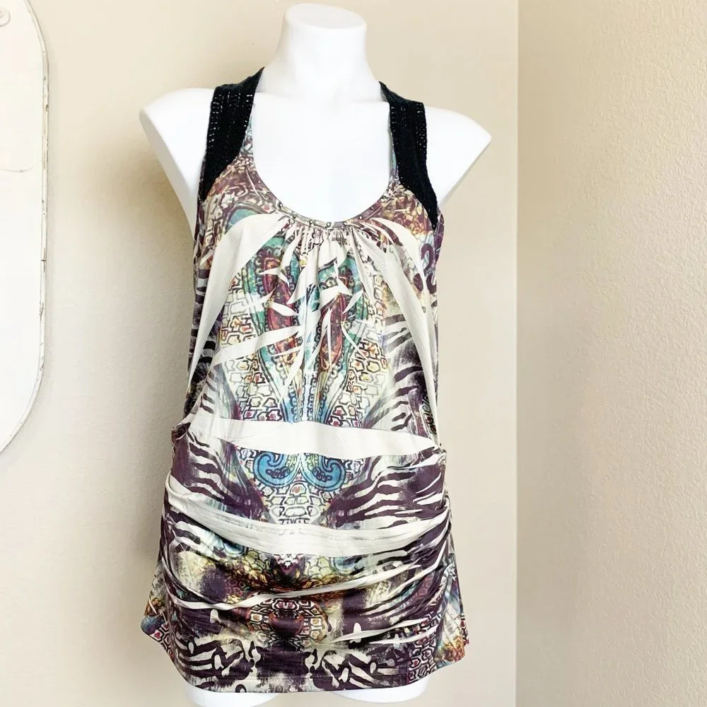 Live and Let Live | Women's Multicolor Black Lace Boho Tank Top | Size: L - Picture 1 of 8